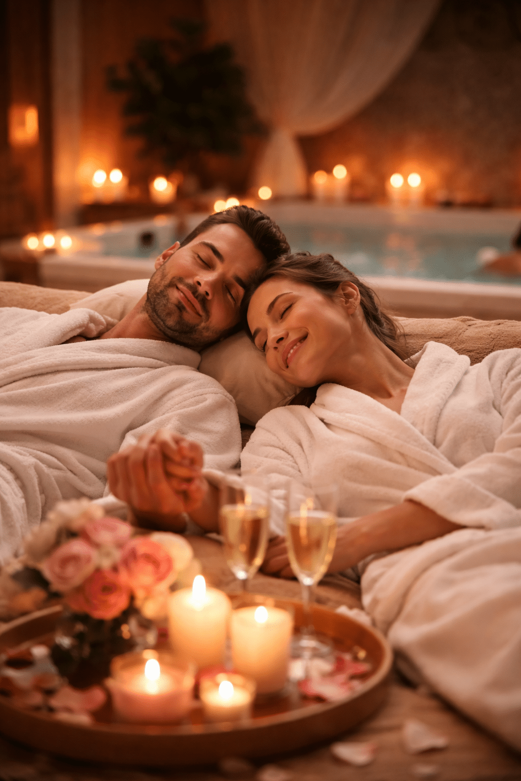 Couple en peignoir, main dans la main, souriant de détente au spa. Atmosphère romantique avec bougies, champagne et jacuzzi en arrière-plan.